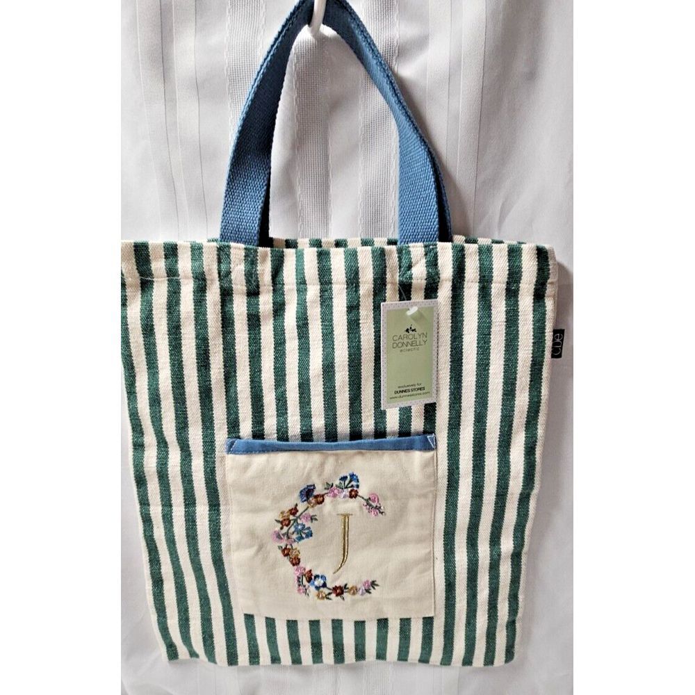 NWT Carolyn Donnelly Eclectic Embroidered J Initial alphabet tote striped 14*16"